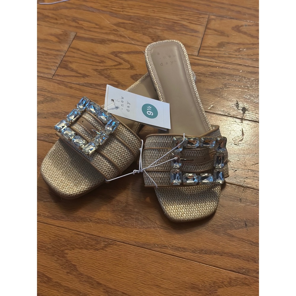 A New Day Kelsey Tan Woven Rhinestone Buckle Slide Sandals Womens 9.5 New